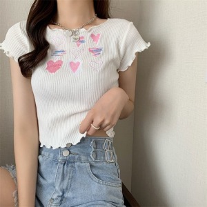 RM21433#甜辣粉色针织短袖短T恤夏季设计感小众紧身短款上衣女夏辣妹修身