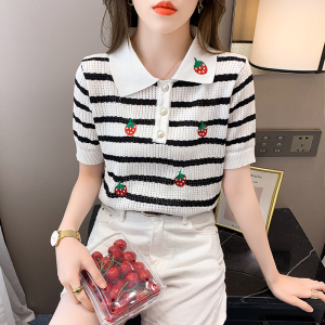PS30293# 草莓刺绣Polo领短袖针织衫女夏季新款修身显瘦减龄条纹上衣 服装批发女装直播货源