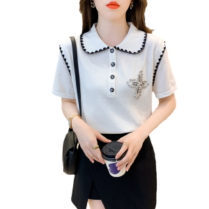 PS30294# polo领短袖针织衫女新款夏季设计感小众白色镶钻时尚上衣 服装批发女装直播货源