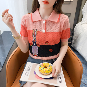 PS30298# 甜美卡通刺绣镂空宽松短袖针织衫T恤女夏季新款条纹上衣 服装批发女装直播货源