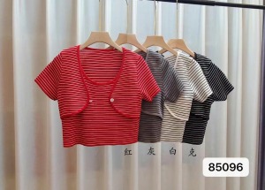 CX8564# 最便宜服饰批发 小个子特显高还能显瘦韩版短袖款t恤条纹夏装新品假两件短袖