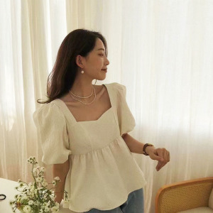 PS33127# 夏季新款韩版设计感小众方领拼色修身显瘦短袖衬衫女 服装批发女装直播货源