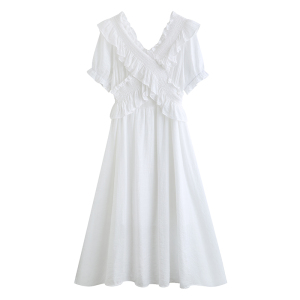 PS54650# 设计感交叉荷叶边小白裙 服装批发夏装货源