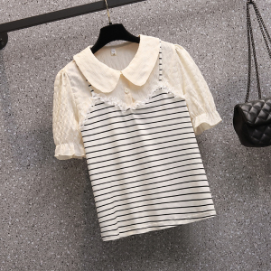 PS34345# 大码女装夏新款娃娃领条纹假两件拼接短袖衬衫设计感小众 服装批发女装直播货源
