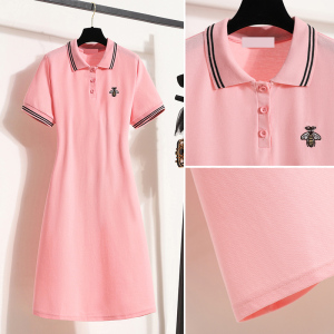 RM5355#大码女装百搭翻领小蜜蜂连衣裙胖MM宽松休闲显瘦短袖中长款T恤裙