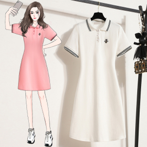 RM5355#大码女装百搭翻领小蜜蜂连衣裙胖MM宽松休闲显瘦短袖中长款T恤裙