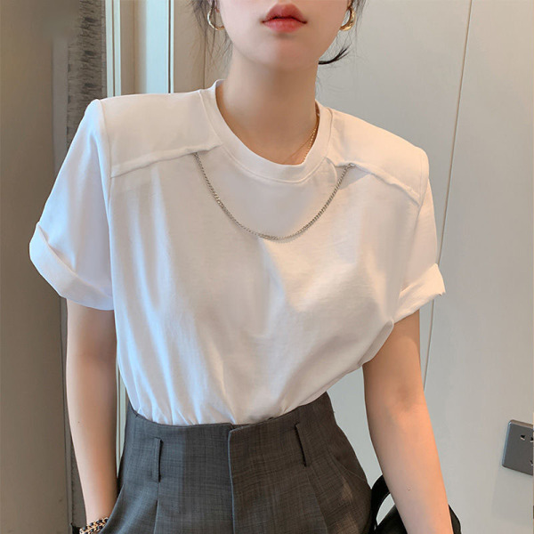 MY2944#纯色韩版圆领小众设计感气质垫肩宽松短袖T恤女2022夏季新款