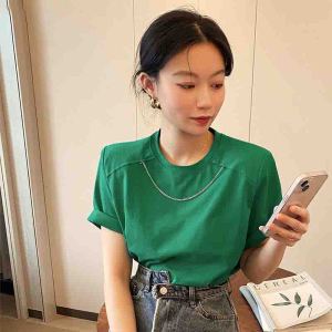 MY2944#纯色韩版圆领小众设计感气质垫肩宽松短袖T恤女2022夏季新款