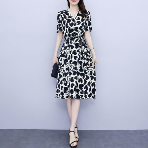 RM5478#大码女装2022夏季新款时尚短袖气质中长款大摆雪纺印花显瘦连衣裙