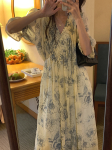 PS34207# 韩版夏季新款一片式不挑人泡泡袖V领设计感小众绑带裙子 服装批发女装直播货源