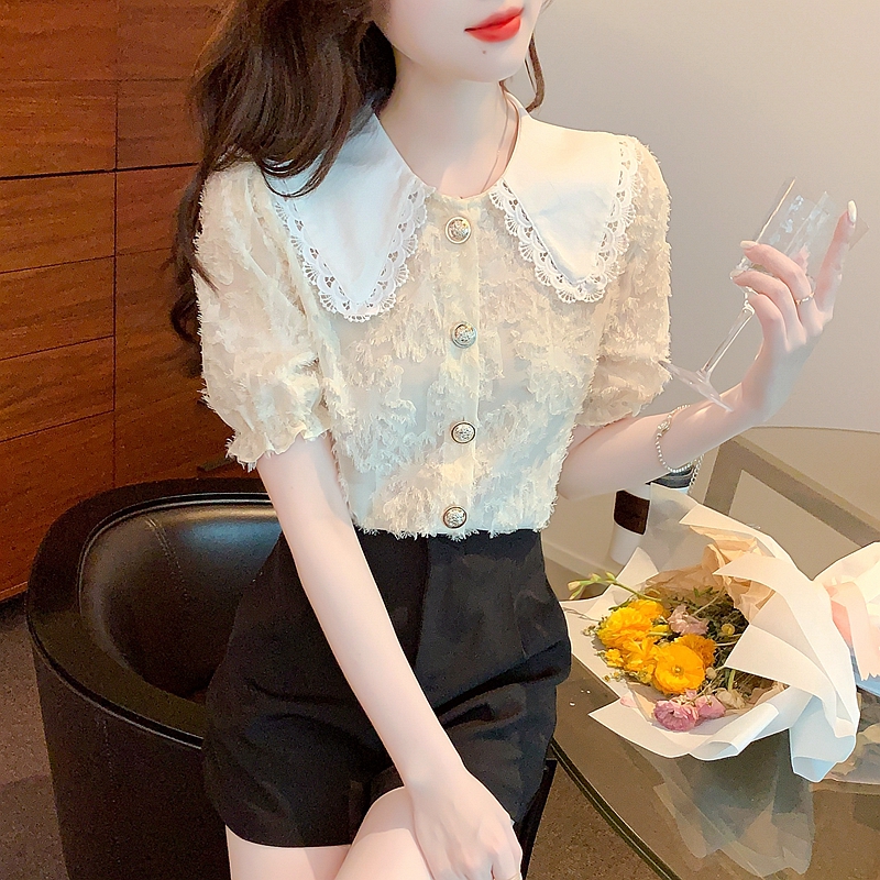 新款女裝娃娃領拼接上衣夏季新款氣質顯瘦遮肚設計感短袖雪紡衫