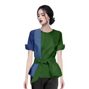 KM15998#新款设计感小众收腰衬衫蓝绿撞色短袖衬衣