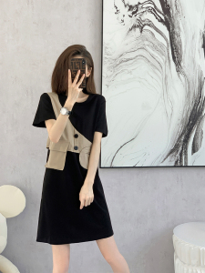 PS43621# 法式黑色连衣裙女夏新款欧货假两件小众设计高级感裙子夏季 服装批发女装直播货源