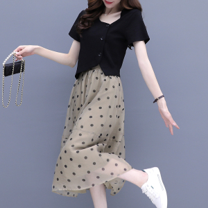 KM20338#夏季韩版小心机短袖搭配波点气质显瘦半身裙套装女