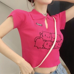 RM21493#玫红色polo领针织短袖t恤女夏季独特别致纯欲甜辣妹性感短款上衣
