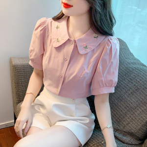 RM3550#法式重工刺绣甜美上衣夏季新款设计感小众衬衣韩版短袖