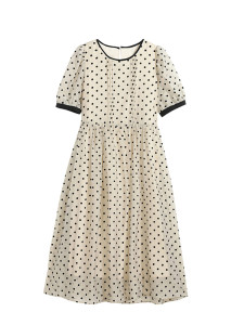 RM1766#波点短袖小个子连衣裙女夏季高级感气质复古名媛风收腰法式长裙子