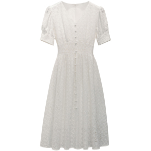 PS35961# 白色连衣裙中长款夏法式泡泡袖高腰显瘦短袖棉麻小个子仙女裙 服装批发女装直播货源