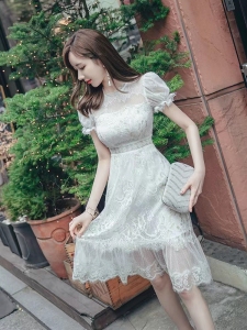 PS32782# 裙子新款夏性感气质法式仙女裙超仙白色蕾丝泡泡袖连衣裙 服装批发女装直播货源