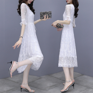 PS32199# 高级感雪纺连衣裙女白色夏装新款收腰显瘦气质蕾丝仙女长裙 服装批发女装直播货源