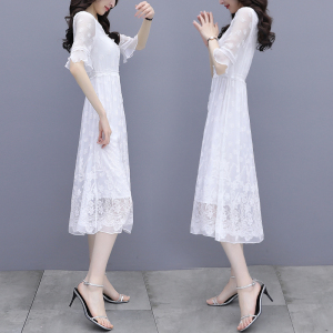 PS32199# 高级感雪纺连衣裙女白色夏装新款收腰显瘦气质蕾丝仙女长裙 服装批发女装直播货源