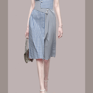 RM23404#新款女装蓝色格子衬衫长裙气质收腰中长款条纹连衣裙