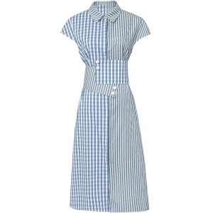 RM23404#新款女装蓝色格子衬衫长裙气质收腰中长款条纹连衣裙
