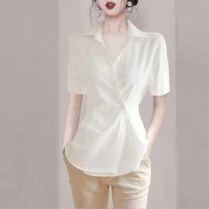 KM15971#夏季新款女装设计感不规则V领上衣系带