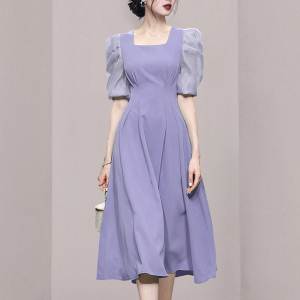 RM9396#新款夏装女装气质法式方领泡泡袖收腰显瘦中长款连衣裙 淘