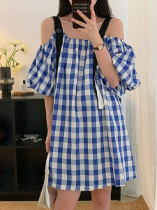 PS34201# 韩版夏季复古格纹一字领泡泡袖吊带连衣裙 服装批发女装直播货源
