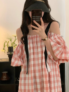 PS34201# 韩版夏季复古格纹一字领泡泡袖吊带连衣裙 服装批发女装直播货源