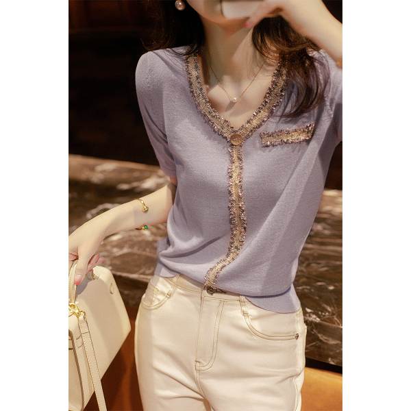 KM16034# 重工3D编织绣花 优雅淡紫 羊毛针织T恤