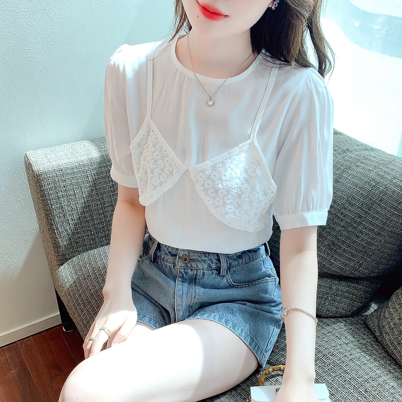 韩版2024女装夏季净色圆领甜美气质减龄假两件套头上衣