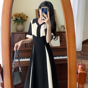 RM6035#大码女装赫本风连衣裙夏季新款设计感撞色拼接假两件裙子