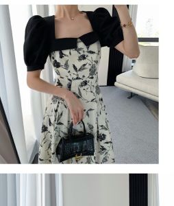 RM1504#碎花连衣裙女2023夏季新款高级感方领法式收腰泡泡袖长裙