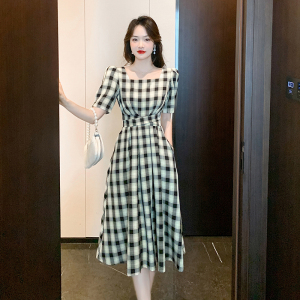 RY1549#大码夏季复古高级感拼接格子连衣裙设计感小众收腰显瘦a 字裙