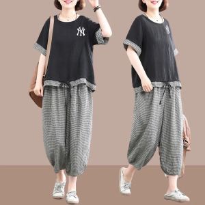 PS34595# 棉麻时尚套装女夏装短袖印花韩版大码宽松格子休闲显瘦两件套
