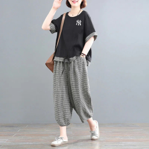 PS34595# 棉麻时尚套装女夏装短袖印花韩版大码宽松格子休闲显瘦两件套