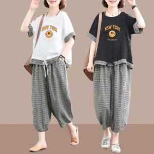 PS34594# 新款时尚韩版宽松显瘦大码套装女夏季棉麻休闲两件套妈妈装潮