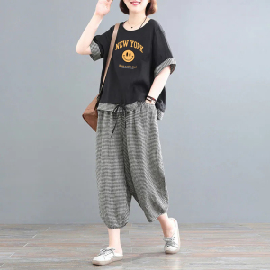 PS34594# 新款时尚韩版宽松显瘦大码套装女夏季棉麻休闲两件套妈妈装潮