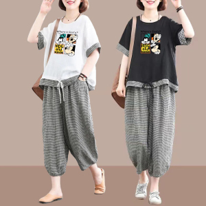 PS34593# 棉麻休闲套装女夏季新款韩版大码宽松格子时尚两件套潮