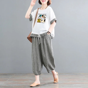 PS34593# 棉麻休闲套装女夏季新款韩版大码宽松格子时尚两件套潮