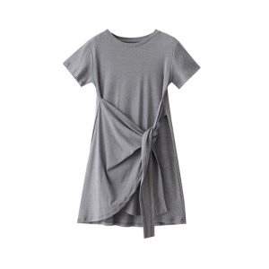 KM19812#黑灰色连衣裙女新款夏季收腰简约气质性感修身显瘦a字t恤裙子