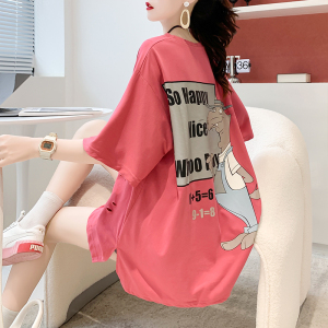 PS32234# 炸街潮流韩版棉质中长款新款印花破洞短袖t恤女大码女装 服装批发女装直播货源
