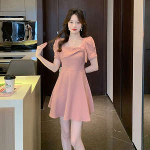 RM5259#夏季法式方领设计感蝴蝶结连衣裙韩版收腰显瘦短裙