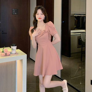 RM5259#夏季法式方领设计感蝴蝶结连衣裙韩版收腰显瘦短裙