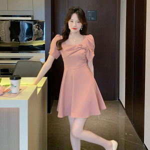 RM5259#夏季法式方领设计感蝴蝶结连衣裙韩版收腰显瘦短裙