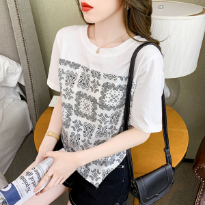 KM20339#夏季韩版短袖印花宽松小心机气质印花短袖上衣女