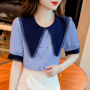 PS32020# 娃娃领衬衫短袖高端欧洲站夏季新款女装欧货潮薄款别致上衣 服装批发女装直播货源
