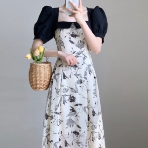 PS41465# 夏季新款韩版时尚气质拼接方领泡泡袖碎花收腰显瘦连衣裙